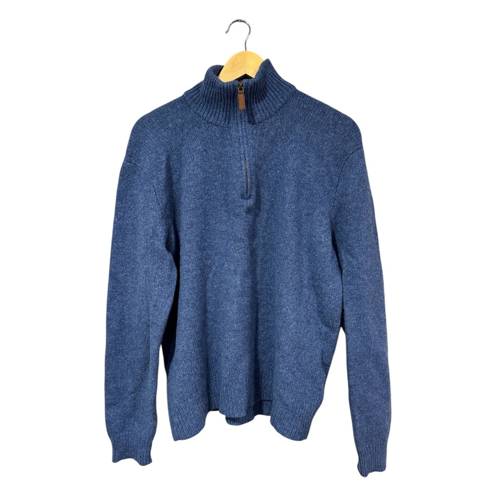 Polo Ralph Lauren Merino Wool Angora 1/4 Zip Sweater Blue XL Leather Pull - Picture 1 of 5